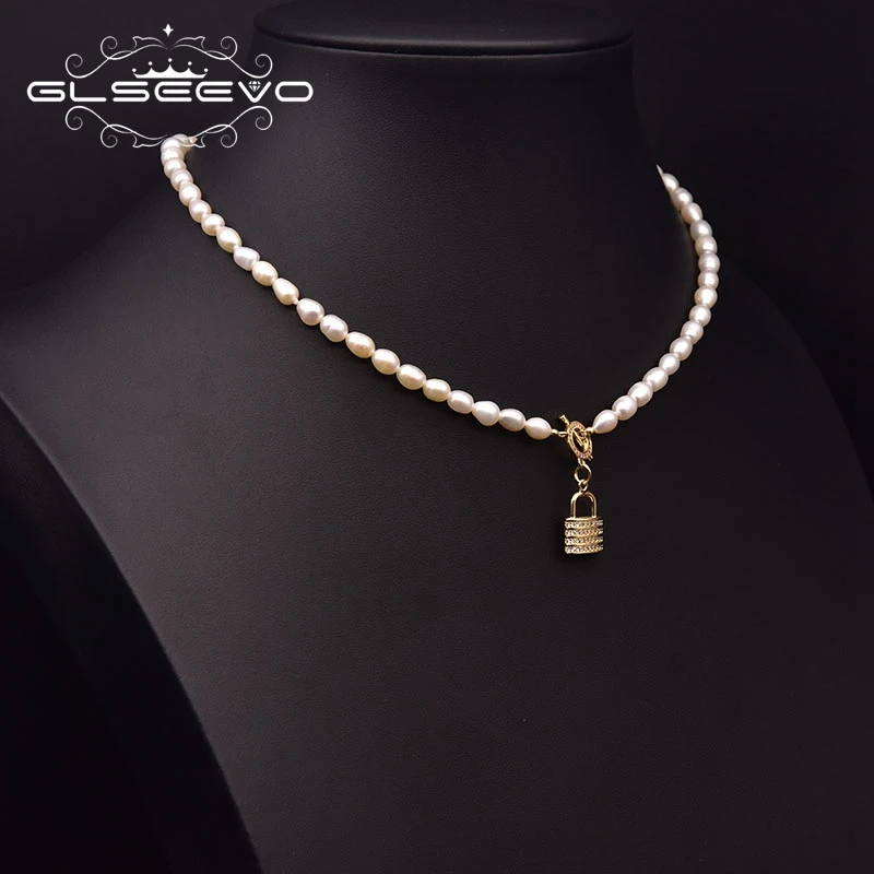 GLSEEVO-순수 천연 담수 진주 여성 지르콘 잠금 핀 펜던트 목걸이, 웨딩 파티 생일 선물 GN0288B