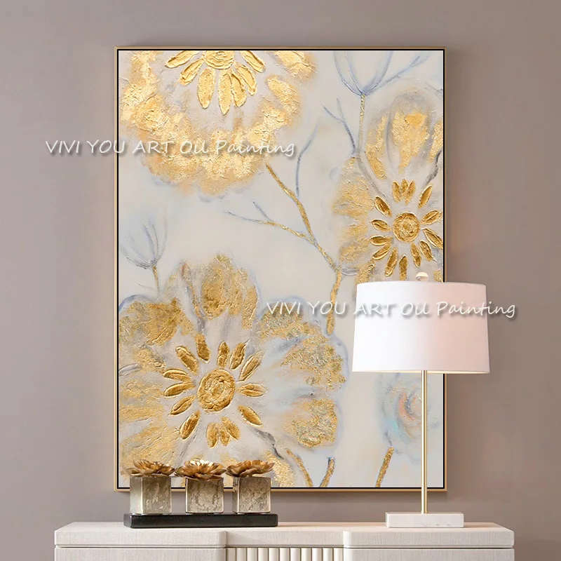 

Luxury Gold Flowers Handpainted Oil Painting Modern Abstract Oil Painting On Canvas Wall Art For Living Room Home Decoration