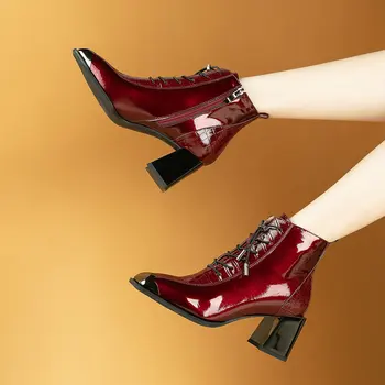 

Sexy Women's Winter Boots Genuine Leather Square Toe Thick Heels Pumps Working Night Club Shoes Woman