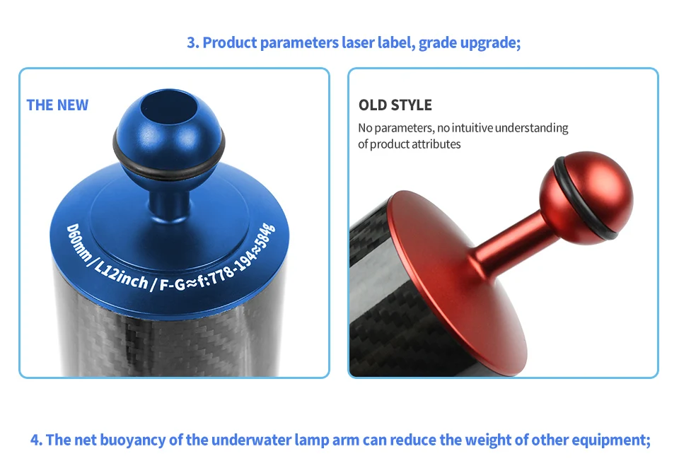 D60mm 5/8/10/12 Zoll Kohle faser Float Auftrieb Wasser arm Dual Ball 1 Zoll für Gopro/Yi/Osmo Action Sport DSLR Kamera halterung – Detail 7