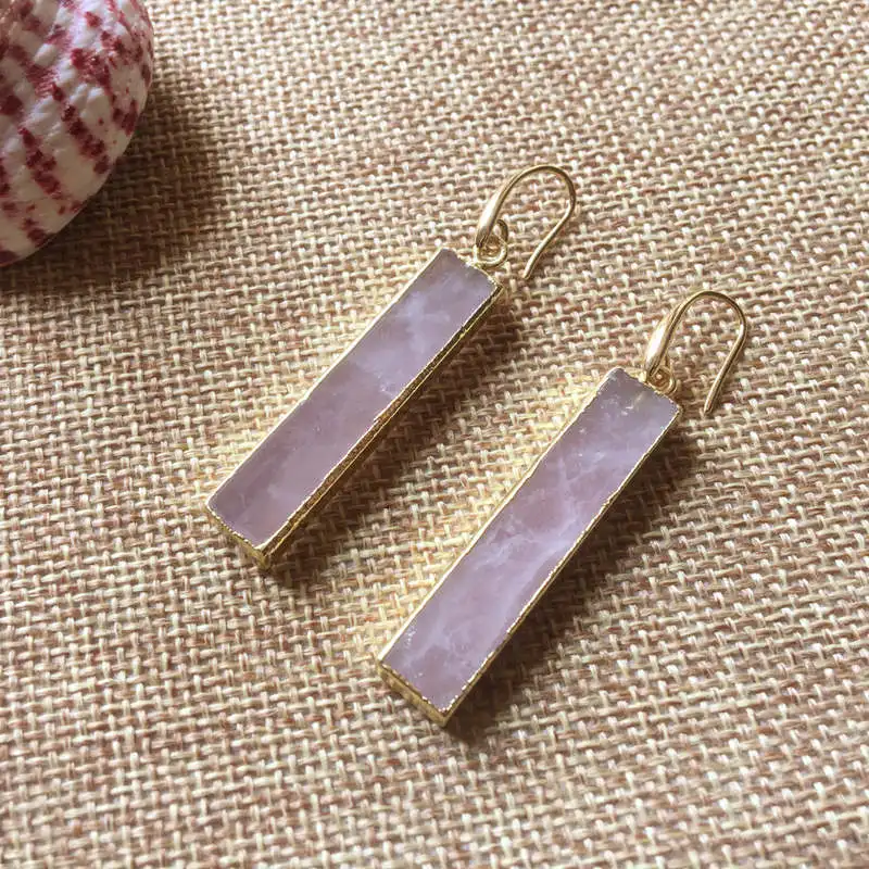 FUWO Wholesale Natural Rose Quartzs Drop Earrings,Golden Plated Rectangle Pink Crystal Jewelry For Women Gift 5Pairs/Lot ER226