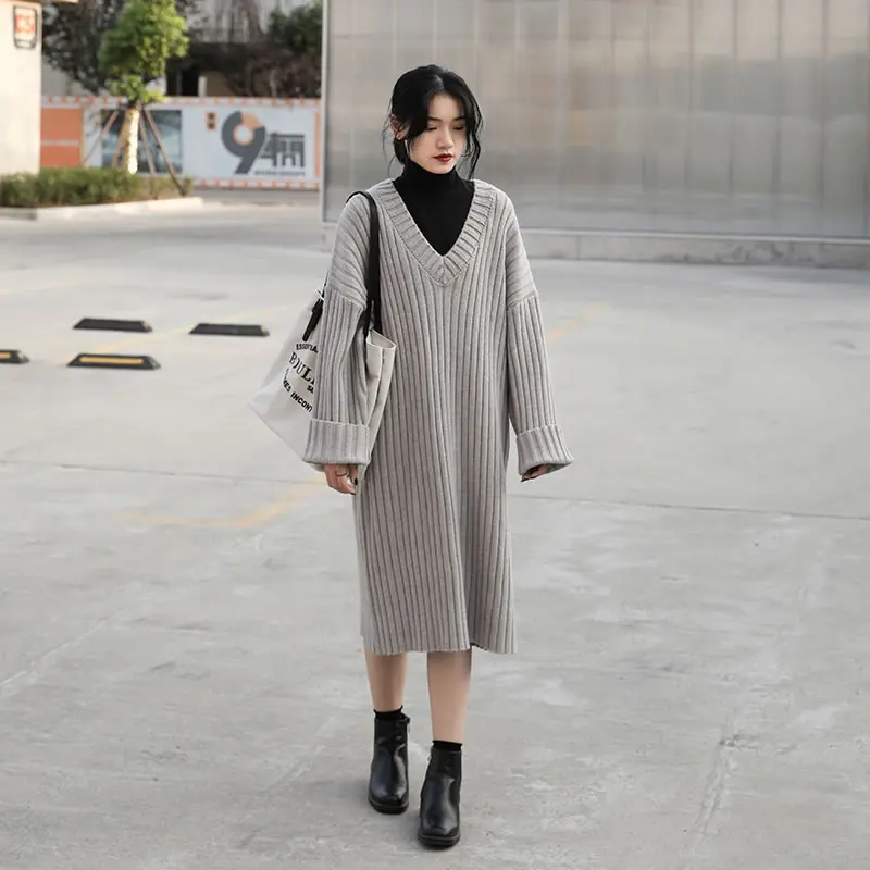 HG Fashion Elegant V Neck Women Dress Loose Plus Size Knit Ladies Dresses Wild Lazy Oaf Autumn Winter Clothes Women XJ2640