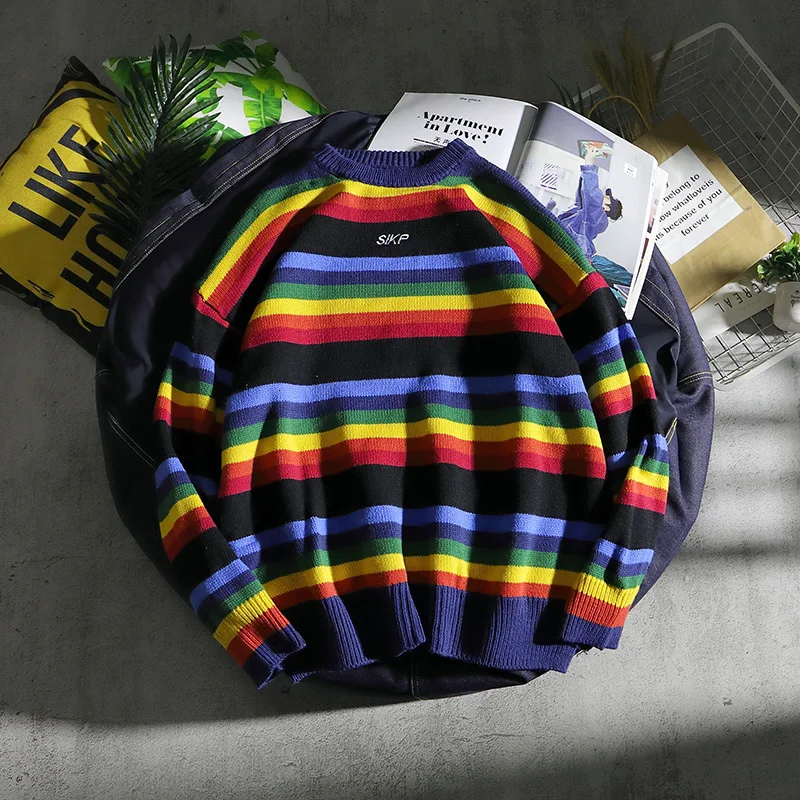 Autumn New Color Striped Sweater Men Warm Fashion Sweter Clothes Casual Knit Sweaters Man Loose Long-sleeved Pullover Men M-2XL