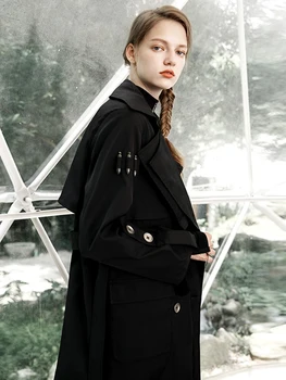 

PUNKRAVE Military Style Wind Lapel Windbreaker Female Long Section Dark Black Loose Coat Autumn New Black Shirt