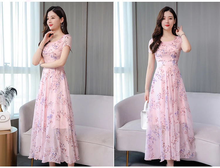 Винтажное Розовое Шифоновое пляжное платье миди с цветочным принтом, летнее платье размера плюс 3XL, женское платье макси в стиле бохо, элегантное облегающее платье