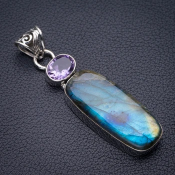 

StarGems Natural Blue Fire Labradorite And Amethyst Handmade 925 Sterling Silver Pendant 2.25" D5367