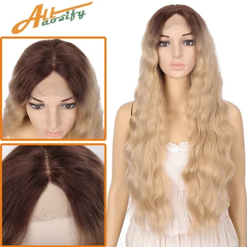 

Allaosify Lace Front Wigs Wavy Center Part Ombre Blonde Black 2 Colors Available 28 Inches Lace Front Synthetic Wigs For Women
