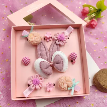

9PCS/SET Lovely Rabbit Hair Hand Bohemian Bows With BOX Girl Scrunchy Grosgrain Ribbon Hair Bow With Clips Kids Hair Accessories