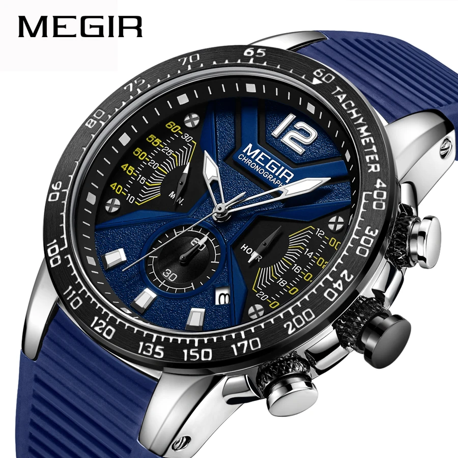 MEGIR брендовые новые модные высококачественные мужские спортивные водонепроницаемые кварцевые часы с хронографом, военные наручные часы с резиновым ремешком для студентов