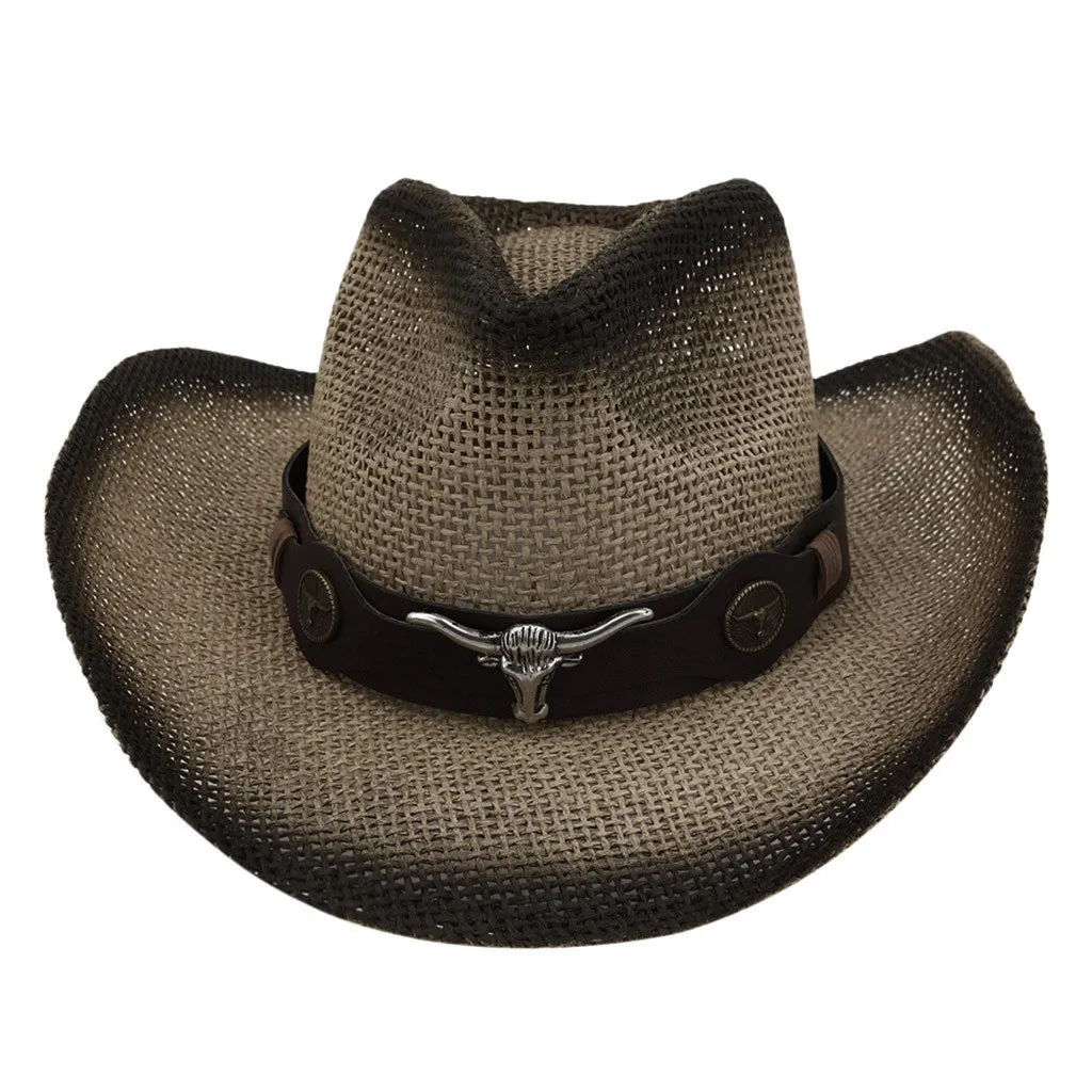 Новая мода для мужчин и женщин ретро ковбойский шлем кожаный ремень широкополая шляпа соломенная Солнцезащитная шляпа козырек Sombrero De Paja Hombre - Цвет: Khaki