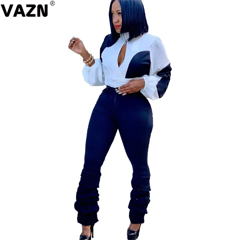 VAZN Hot White Splice New Women Fashion Elegant Casual Long T-Shirt O-Collar Full Sleeve Women T-Shirt