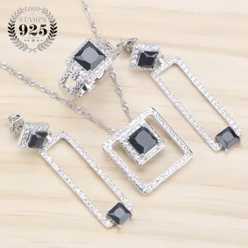 

Black Stone Zirconia Bridal Jewelry Sets Silver 925 Jewelry With Pendant Necklace Earrings For Women Jewelery Set Gifts Box