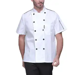 Унисекс короткий рукав лето шеф-повар куртка; двубортное пальто повар ресторана форма Еда служебное пальто рабочая одежда с карманами M-3XL