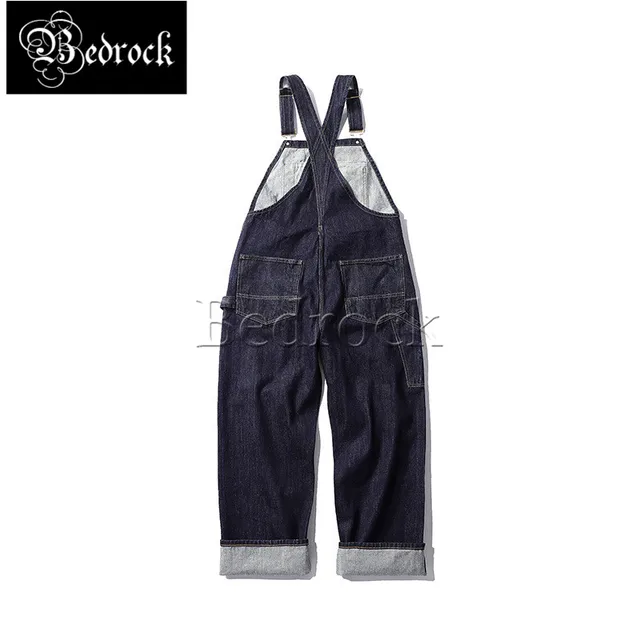Bedrock 14oz high quality vintage denim overalls heavy raw denim jeans washed blue Ami khaki dungaree suspenders for men 7293 4