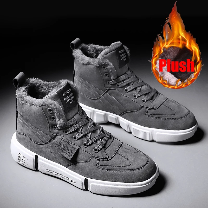 

High Top Winter Shoes Men Fashion Leather Casual Shoes Outdoor Warm Non-slip Sneakers Men Comfortable Plush Male Footwear 2020
