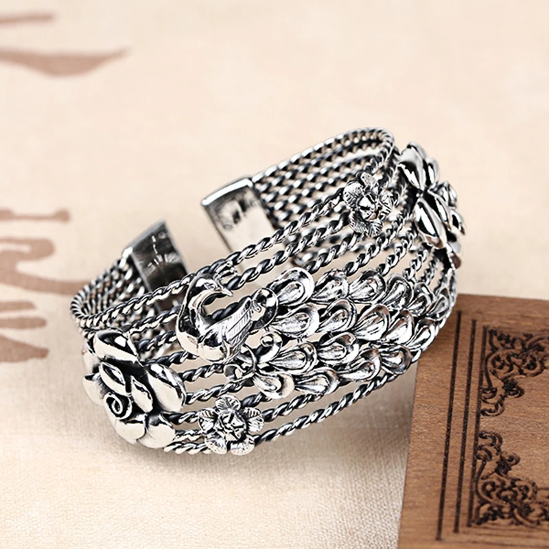 

ZHJIASHUN Retro 100% 990 Sterling Silver Bangles For Women Peacock Flower Vintage Silver Jewelry Female Handmade Opening