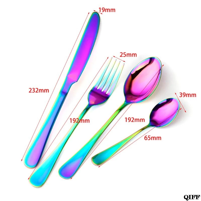 16 шт. радужные Красочные Позолоченные столовые приборы из нержавеющей стали ложка набор из четырех предметов для отеля посуда подарок вечерние принадлежности