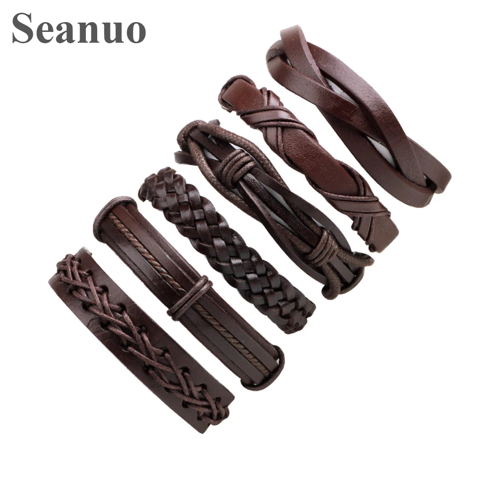 

6pcs/set Hippie Punk Women Brown Leather Bangles Big X Knot Pattern Charm Layer Stackable Adjustable Braided Bracelets for Man