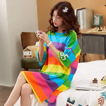 

2020 Rainbow Striped Alphabet Printing Nightdress Ladies Summer Korean Short-sleeved Cute Thin Cartoon Women Lingerie Nachtjapon