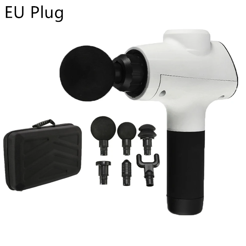 White with EU Plug Глубокий массаж пистолет 3 шестерни мышечной ткани массажер облегчение боли Упражнения Терапия Расслабление тела Корректирующее 6 головок с мешком - Цвет: White with EU Plug