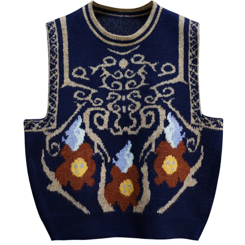 

Autumn and Winter Women's Retro Knitted Vest Sweater Vest Flower Pattern Loose Casual New Style