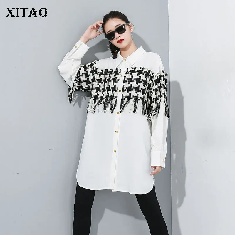 

XITAO Plus Size Tassel Blouse Women Clothes 2019 Turn Down Collar Patchwork Split Irregular Elegant Autumn Shirt New WQR1421