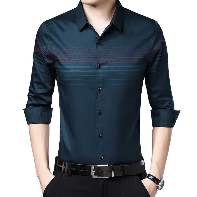 

Men Shirt Long Sleeve 2020 Spring New Casual Slim Fit Shirts Turn-down Collar Striped Polyester Fiber Fall Shirts Men Clothing