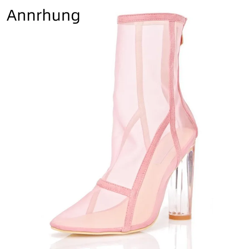 

Pink Mesh Air Boots Women Novelty Clear High Square Heel Party Bottes Point Toe Back Zip Botas 2020 Hot Seller Boots Woman Mujer