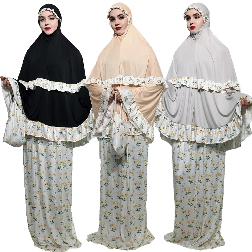 Мусульманское платье 3 шт. модное Кружевное хиджаб с цветочным принтом абайя