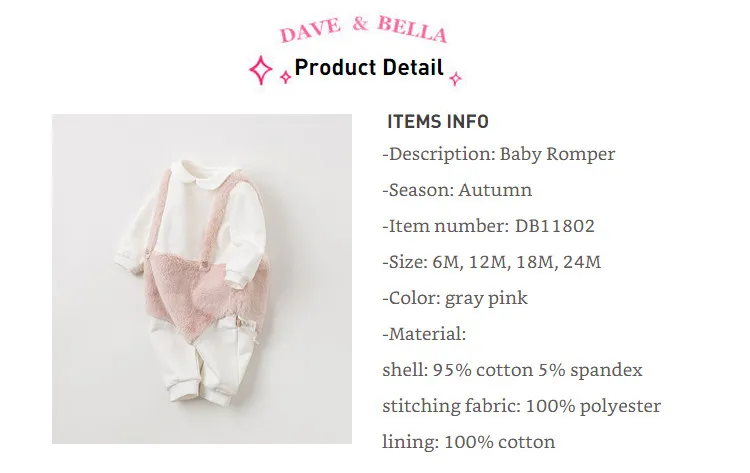 DB11802 Dave bella/осенний Модный комбинезон для новорожденных девочек Милая Одежда для младенцев детский комбинезон 1 шт