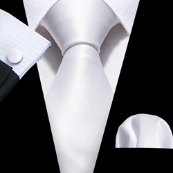 Fashion White Solid Mens Wedding Tie 8.5cm Silk Neckties Business Handkerchief Cufflink Tie Men Gift Set Barry.Wang FA-5393