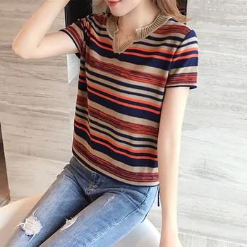 

2020 Spring Summer Sweater Women's Striped Short Sleeve V-neck Knit Bastic Sweaters Fashion Women Pullover Casual Tops
