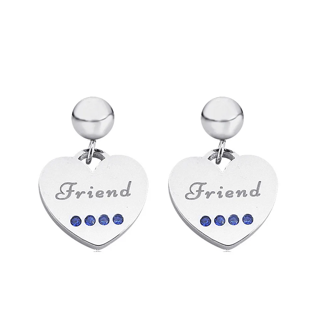 Серьги-гвоздики из нержавеющей стали с маленькими шариками и большим сердцем с надписью «Friend», украшенные голубым кристаллом, модные серьги для женщин