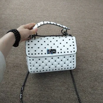 

Chain Square Bag Women's 2020 Fashion Textured Genuine Leather Rhombus Riveting Nail Handbag Shoulder/Crossbody Bag