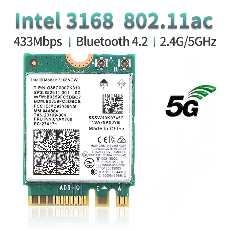New Intel 3168 NGW 2.4G / 5G Dual Band WiFi M.2 2230 Receiver Wireless 802.11AC 600Mbps Bluetooth 4.2 Module NGFF Network Card | Компьютеры