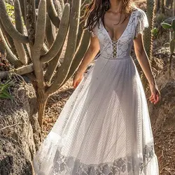 Сексуальное Белое Кружевное платье с v-образным вырезом Лето 2019 Новая женская одежда модные элегантные женские платья макси Вечерние