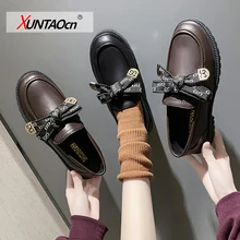 

Fashion bow bean shoes women 2021 spring and autumn new British style retro thick-soled shoes Lok Fu women shoes