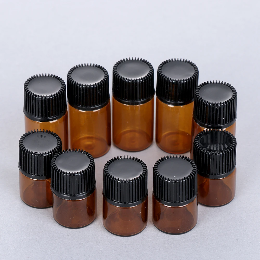1/2/3/5ml Mini Essential Oil Bottle Jar Orifice Brown Reducer & Cap Refillable Bottles Glass Vials Cosmetic Containers 10PCS Mini Perfume Bottle