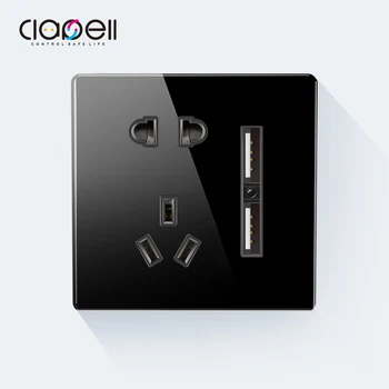 

2 USB wall outlet with 5 holes electrical power socket with Built-in socket black Tempered glass panel 86*86 220v usb plug