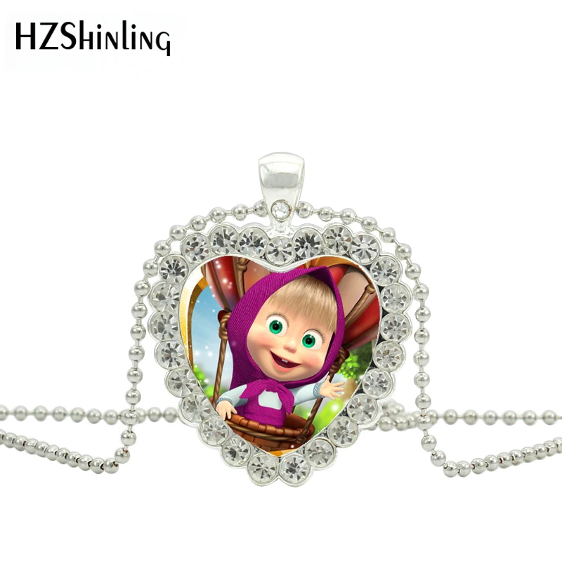 

2019 New Fashion The Little Girl and Bear Cartoon Heart Jewelry Blue White Crystal Pendant Necklace Girls Charm Children's Gifts