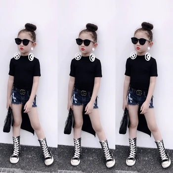 

Summer girls t shirt baby long tops kids tee children streetwear clothes Europe style solid fashion dovetail 2 to 9 yrs
