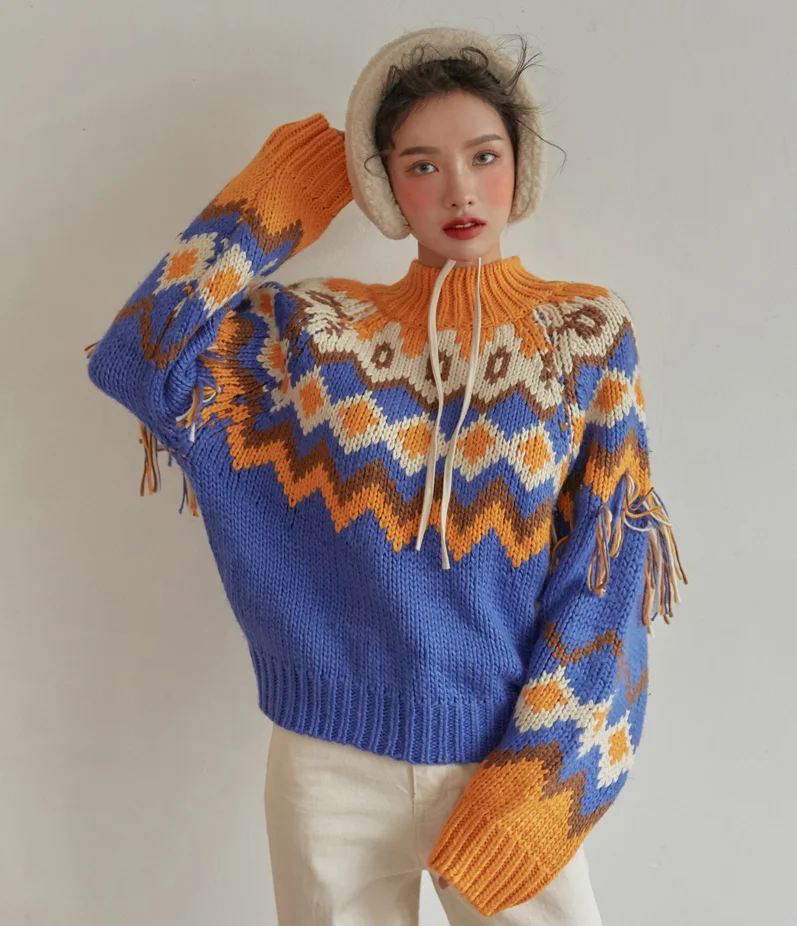 Neploe осенне-зимний свитер с кисточками женский с принтом водолазка короткий Pull Femme Chi элегантный пуловер 46566