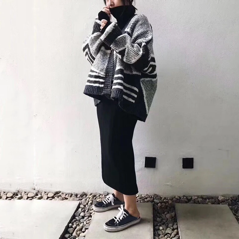 Корейский Ulzzang ins геометрический зимний теплый шикарный винтажный вязаный кардиган Harajuku с длинным рукавом Женские куртки с открытой строчкой
