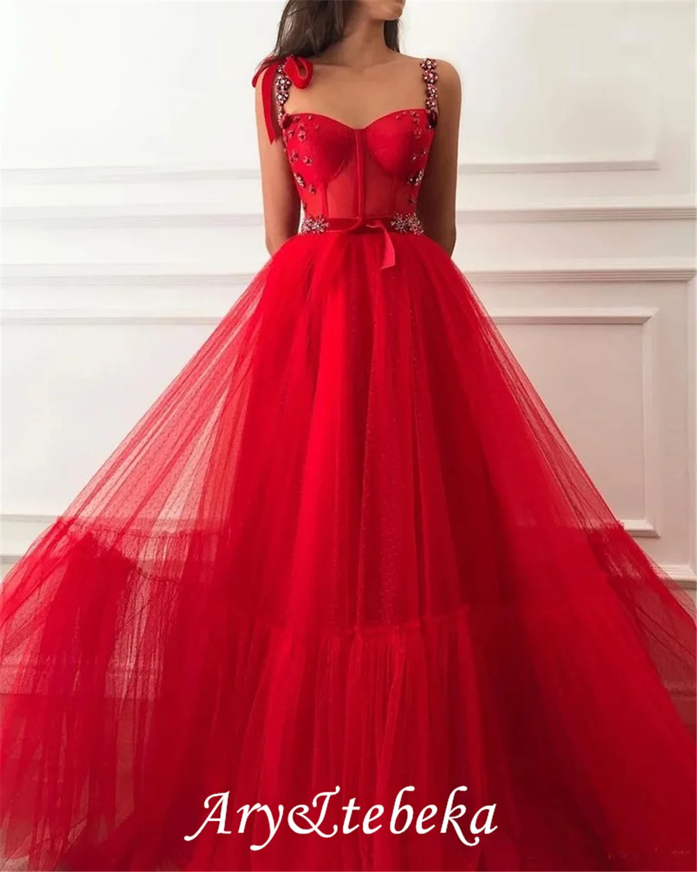 

Женское фатиновое платье на тонких бретельках, красное платье ручной работы с цветами, кристаллами, длиной до пола, платье для выпускного ве...