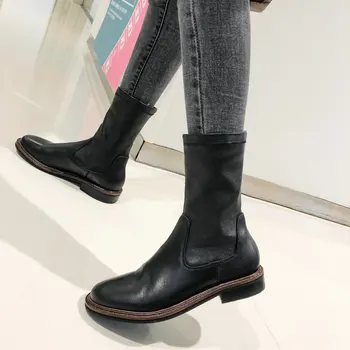 

Woman Winter Long Boots Concise Genuine Leather low Heels Women Vintage Knee High Boots Party Prom Shoes size 41 42