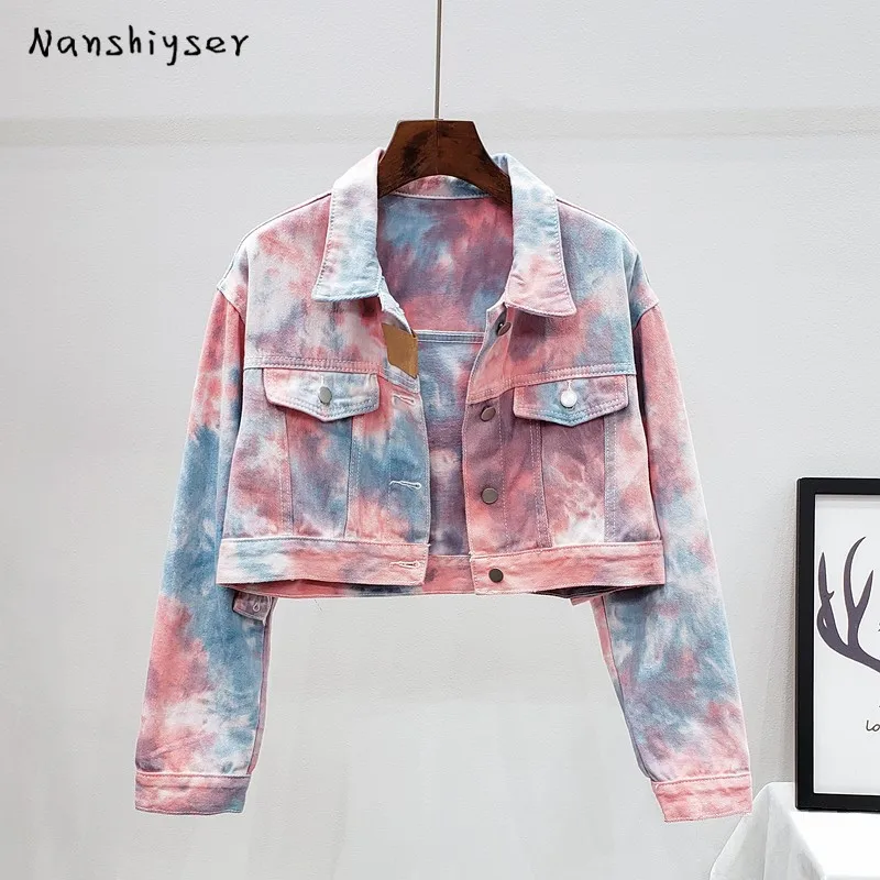 

Short Denim jacket For Tie-dye Gradient Women Autumn 2020 Streetwear Fashion Loose Bomber jacket Ropa de mujer Casual Jean coat