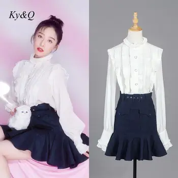 

2020 Summer Office Ladies Fashion Chiffon Stitching White Ruffles Patchwork Shirt Elegant Stand Neck Long Sleeve Blouse Clothing