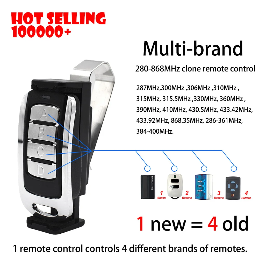 4 in 1 Garage Remote Multi Frequency 287-868MHz Clone 434.42mhz 868.35mhz 433.92 Gate Control Command Key Fob Transmitter