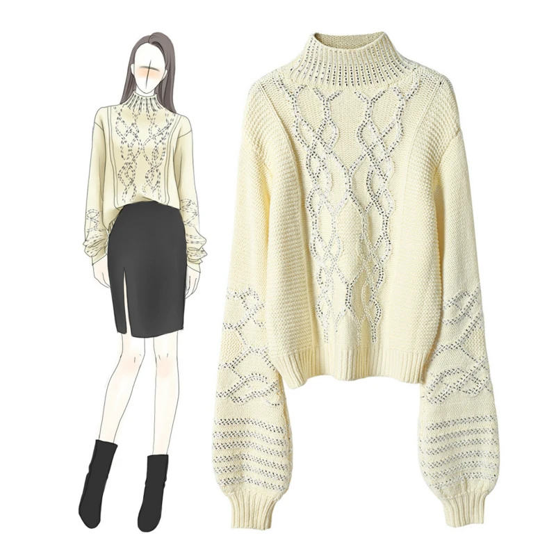 ^*Best Offers Brand Designer Runway Lantern Sleeve Black Sweaters Ladies Loose Sweater with Diamond Turtleneck Knitted Top Winter Clothing ^*Best Offers Brand Designer Runway Lantern Sleeve Black Sweaters Ladies Loose Sweater with Diamond Turtleneck Knitted Top Winter Clothing