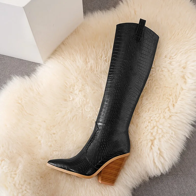 

crocodile print knee high boots brand women boots faux leather square high heel long boots pointed toe autumn winter boots woman